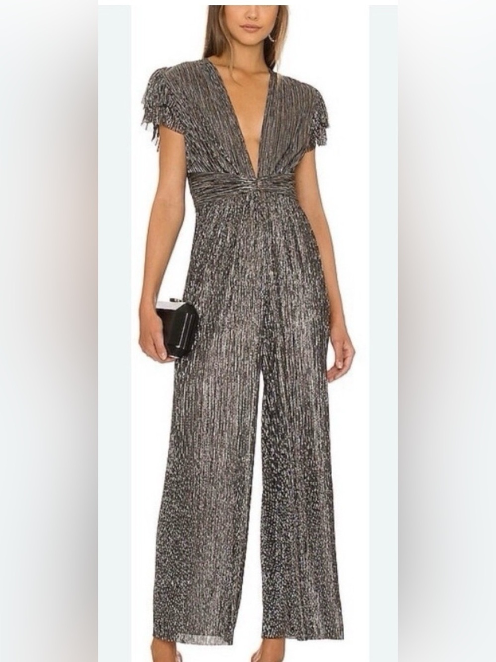 Joie Metallic Crinkle Plunge Neck Wide Leg Jumpsuit Women's Size Medium